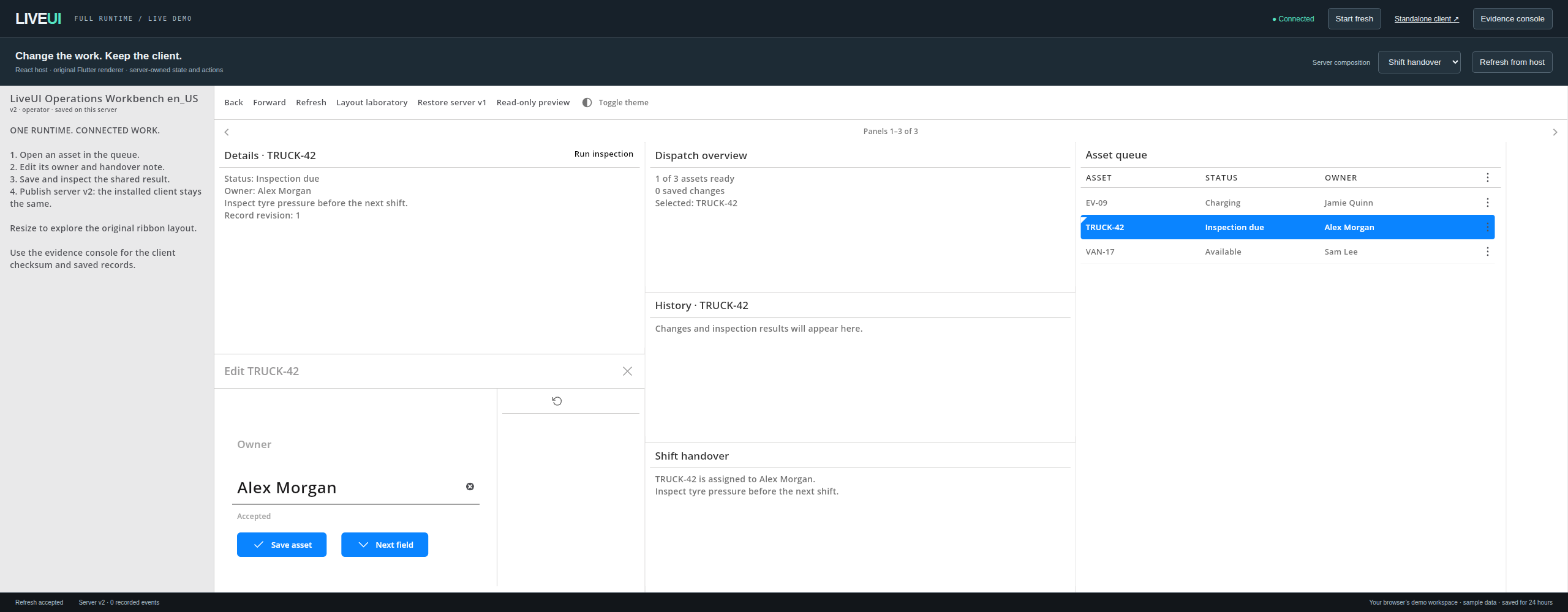 LiveUI operations workspace embedded in React, with an asset form, dispatch information and panel navigation